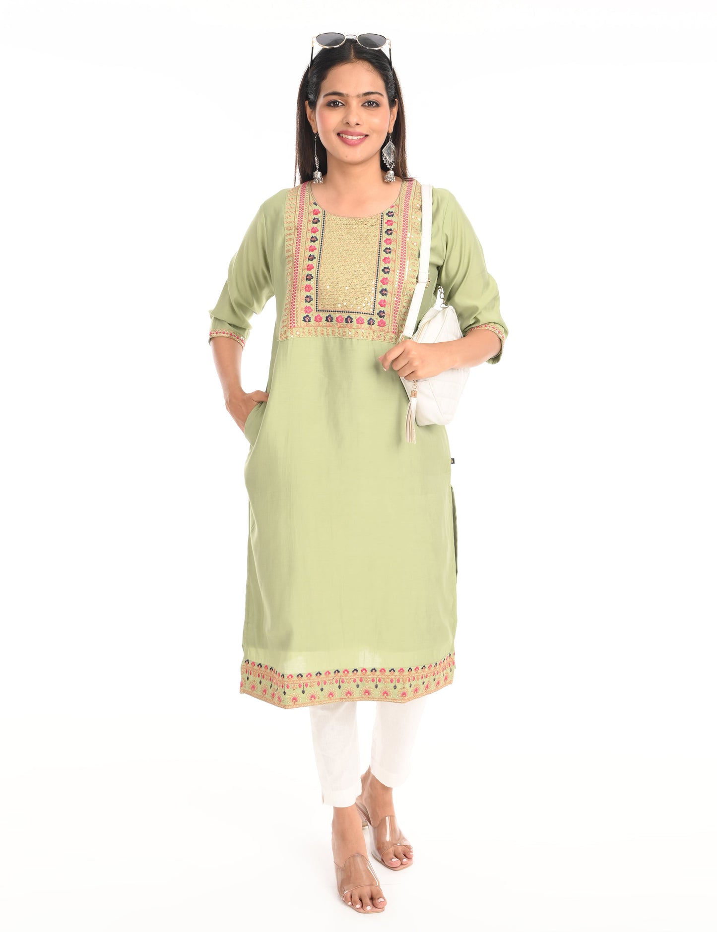 ONVIEW | 1433 | BOUTIQUE WORK SIDE OPEN KURTIS - (PISTA GREEN)
